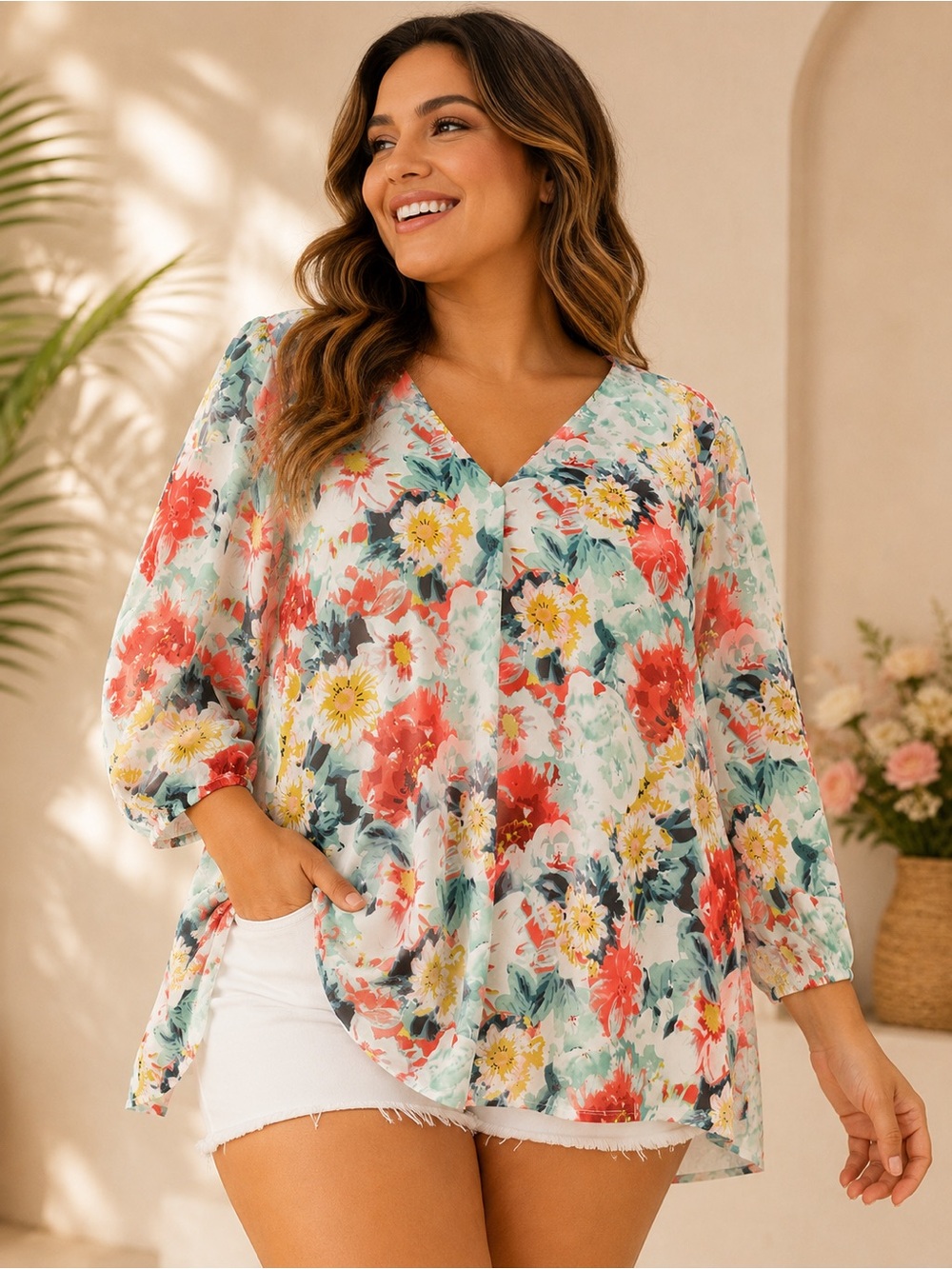 Mario Serrani Floral V-Neck Blouse XXL Peasant Sleeve Top